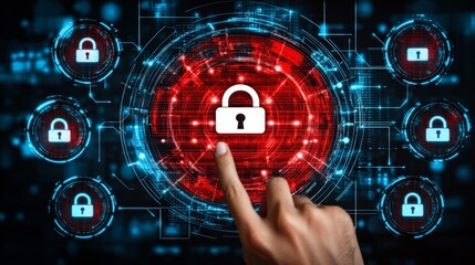 A Hand Touching a Digital Screen with Security Icons and Data Connection Technology Concepts, Representing Cybersecurity, Digital Protection, Information Security, and Advanced Technology Solutions