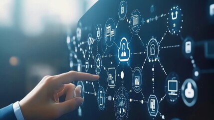 Fototapeta premium A Hand Touching a Digital Screen with Security Icons and Data Connection Technology Concepts, Representing Cybersecurity, Digital Protection, Information Security, and Advanced Technology Solutions