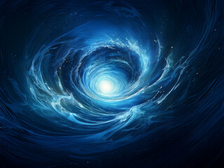 A swirling vortex of luminous blue water, reminiscent of a cosmic whirlpool, draws the eye to a bright center.  The dark background enhances the ethereal glow.