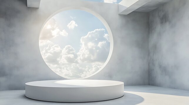 Minimalist white podium in a concrete room with a circular skylight showing a bright sunny day with fluffy clouds.