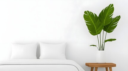 Modern Bedroom Interior with Green Plant and White Bedding