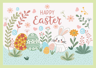 Happy Easter  greeting card  with  eggs and bunny