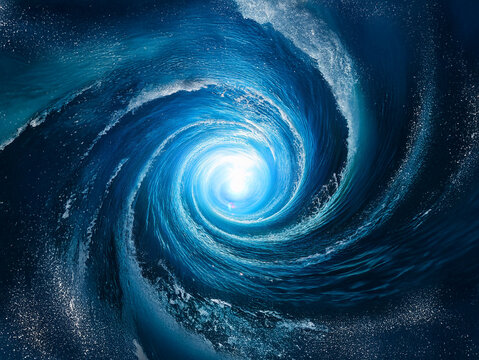A mesmerizing whirlpool of deep blue ocean water, swirling into a bright center.  The image evokes a sense of mystery and power.