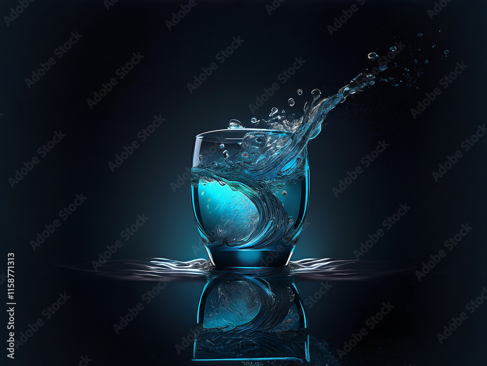 Aufkleber a glass of water, dynamically splashed, glows with an inner blue light. the dark background and refl