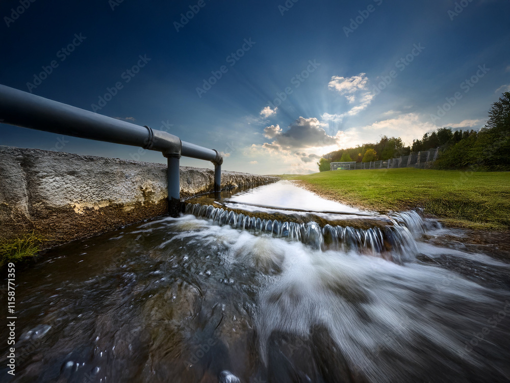 Poster water flows from a pipe into a stream, cascading over rocks. a vibrant sunset illuminates the scene,