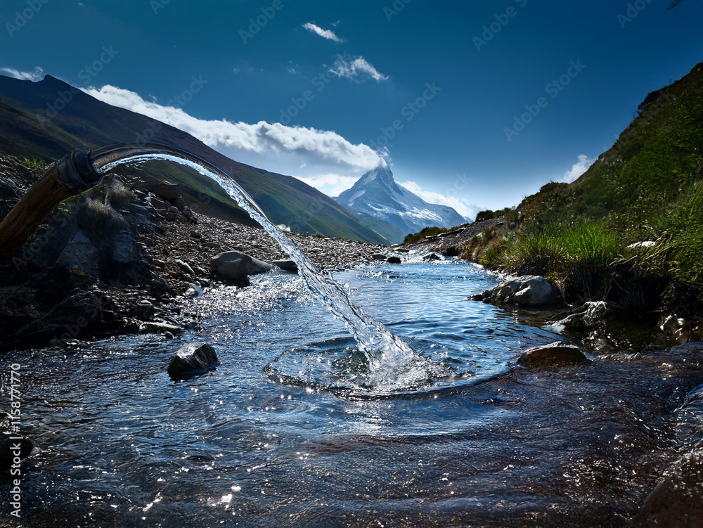 Poster crystal-clear water flows from a pipe into a pristine mountain stream. the backdrop features majesti