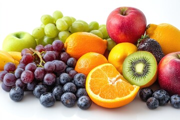 Fresh assorted fruits displaying vibrant colors on white background