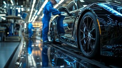 Fototapeta premium A Mechanic in Blue Overalls and White Gloves Inspecting the Wheel of an Elegant Car in a Workshop, Highlighting Automotive Maintenance, Professionalism, Expertise, and Teamwork