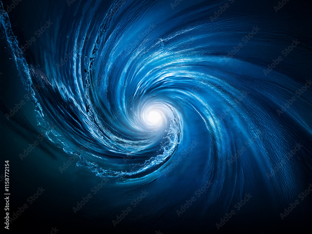 Poster a mesmerizing vortex of deep blue water spirals inward, converging on a bright central point. the sw