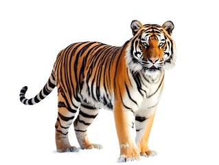 Naklejka premium Majestic Tiger Portrait: A powerful and majestic tiger stands tall, showcasing its captivating stripes and piercing gaze, a symbol of strength, beauty, and wild nature. 
