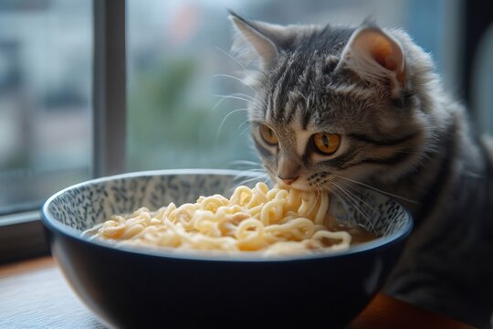 Cute kitten enjoying a bowl of ramen noodles - Powered by Adobe