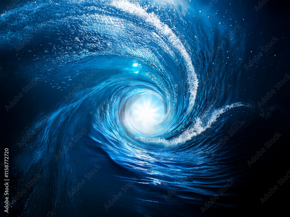 Poster a swirling vortex of deep blue ocean water, illuminated from within by a bright light, creates a mes