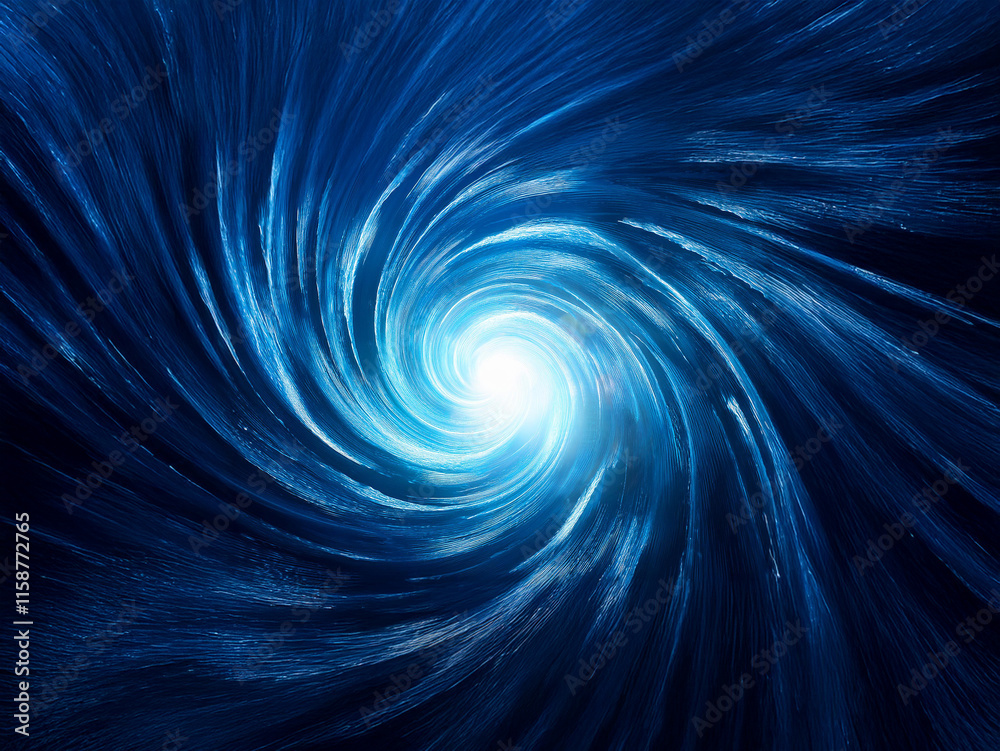 Poster a mesmerizing spiral of deep blues swirls inwards, converging on a bright central light. the image e