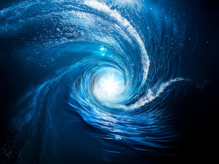 Obraz premium A swirling vortex of deep blue ocean water, illuminated from within by a bright light, creates a mesmerizing underwater scene. The powerful energy of the waves is captivating.