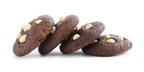 Tasty chocolate cookies with hazelnuts isolated on white