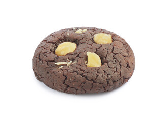 One tasty chocolate cookie with hazelnuts isolated on white