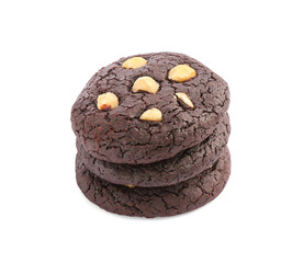 Tasty chocolate cookies with hazelnuts isolated on white