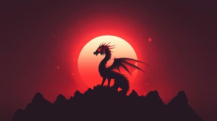 Fototapeta premium Red dragon silhouette against a blood moon, perched atop a mountain range at night.