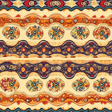 Colorful floral pattern with intricate borders and vibrant hues, suitable for fabric or wallpaper designs.