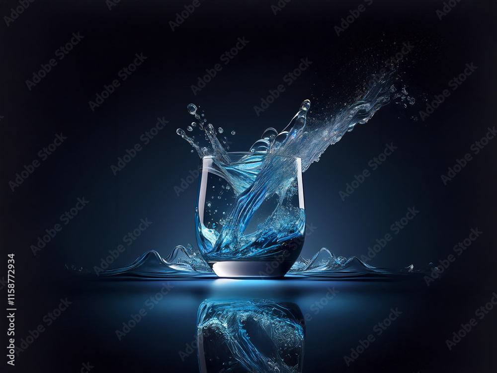 Aufkleber a glass of water, dynamically splashed, sits on a dark reflective surface. the water is a vibrant bl