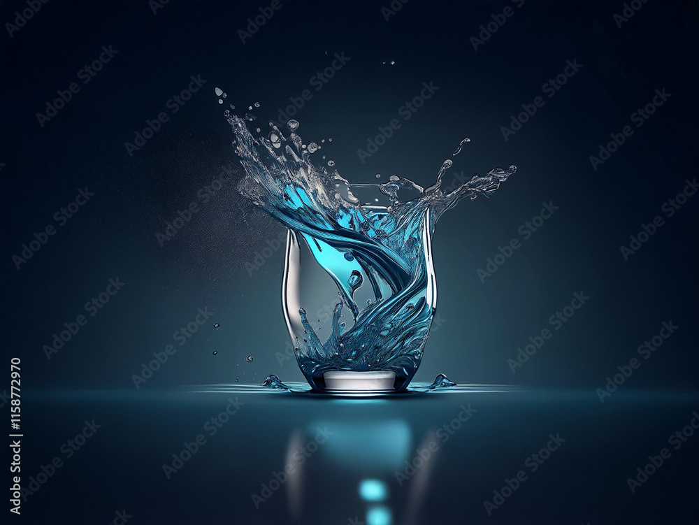 Poster a glass of water with a dynamic splash, illuminated with a cool blue light against a dark background
