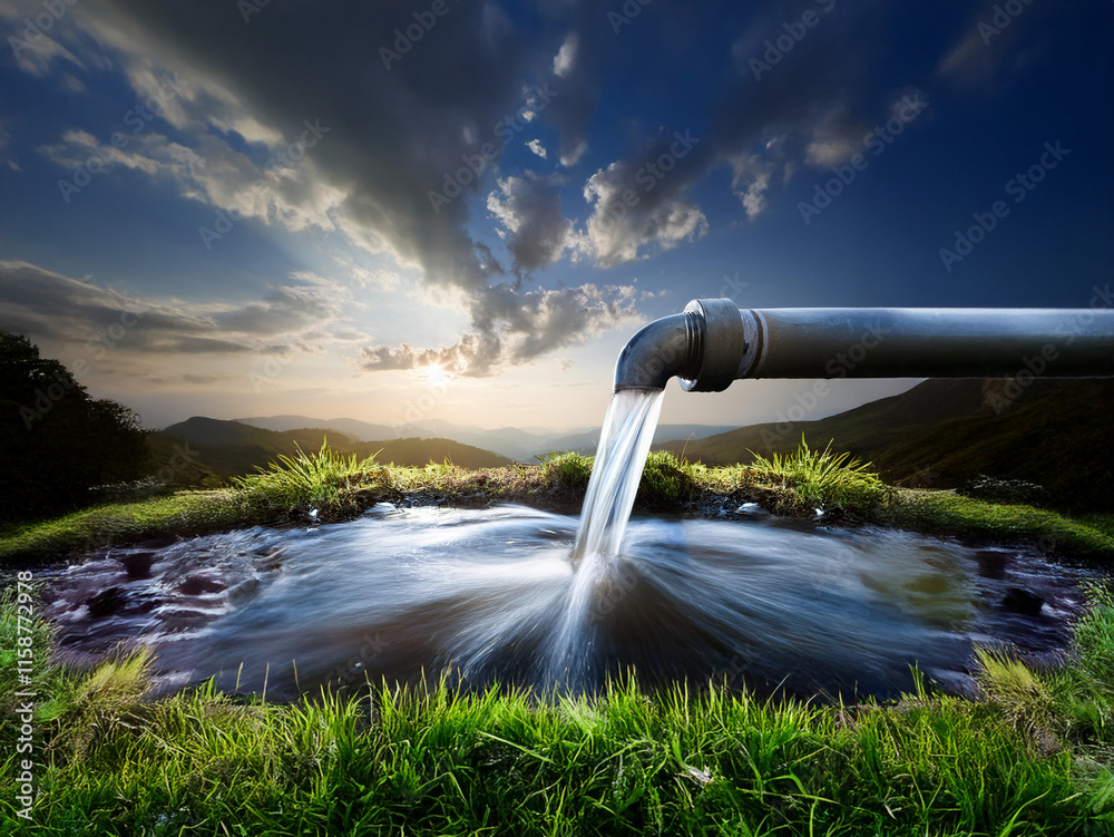Aufkleber serene sunset scene. clean water flows from a pipe into a small pool nestled in a grassy mountain va