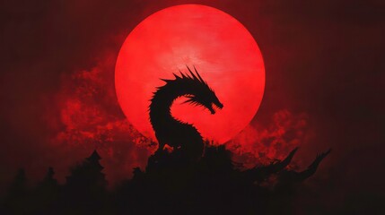 Silhouette of a dragon against a large red moon and a dark landscape.