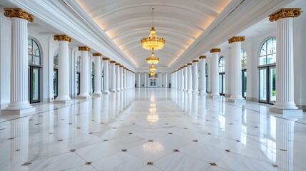 Obraz premium Elegant Hallway with Marble Flooring and Decorative Chandeliers
