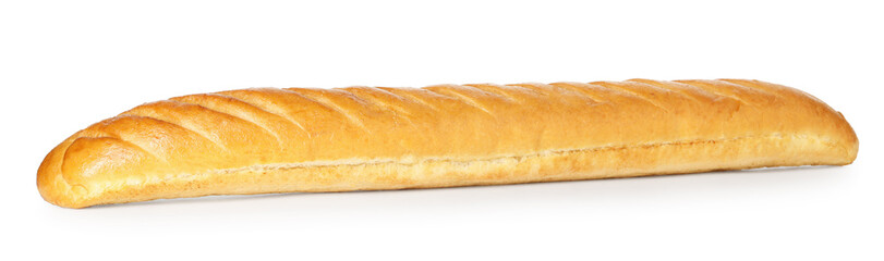 One freshly baked baguette isolated on white