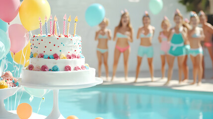 vibrant poolside birthday party featuring colorful cake, balloons, and joyful children celebrating together