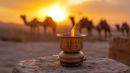 Brewing coffee with a cezve in the desert at sunset with camels in the background