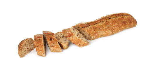 Cut freshly baked baguette isolated on white