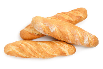 Three freshly baked baguettes isolated on white, top view