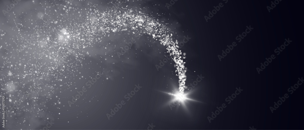 Poster bright magical light effect of bright comet glow. glowing star dust wave, shiny sparkles of magical 