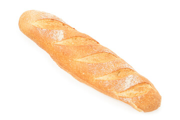 One freshly baked baguette isolated on white, top view