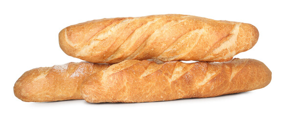Three freshly baked baguettes isolated on white