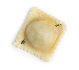 One delicious ravioli with cheese isolated on white, top view