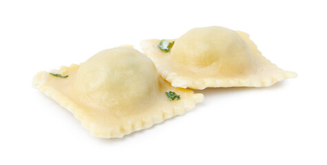 Two delicious ravioli with cheese isolated on white