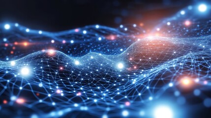 Abstract Digital Wave Background with Blue Glowing Particles and Data Flow for Technology, AI, and Network Visualization Concepts