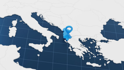 Blue Albania 3d map with pointer pin surrounded with other countries in white. Europe political map with borders. 3d render illustration