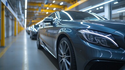 Modern cars elegantly arranged in an industrial showroom, showcasing sleek designs and advanced technology, embodying innovation and automotive excellence.