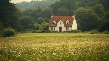 A traditional countryside farmhouse surrounded by lush green fields and blooming wildflowers,