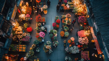 Naklejka premium A vibrant aerial view of a bustling flower market at night