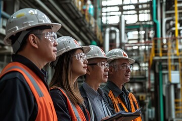 Engineers and workers observing operations in industrial plant