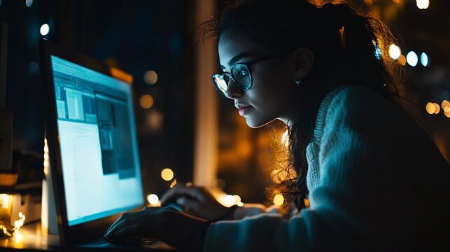 Focused young woman programmer working late night on computer code