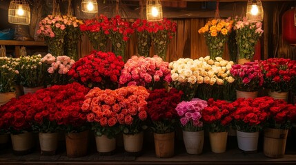 Fototapeta premium Colorful Rose Bouquets Illuminate A Flower Shop