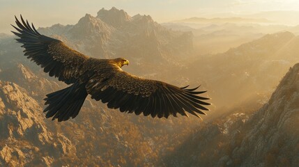 Fototapeta premium Majestic eagle soaring high, dramatic mountain range background, golden sunlight illuminating landscape, wildlife scenery