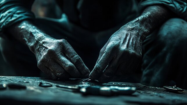Worker showing dirty hands after working with metal tools