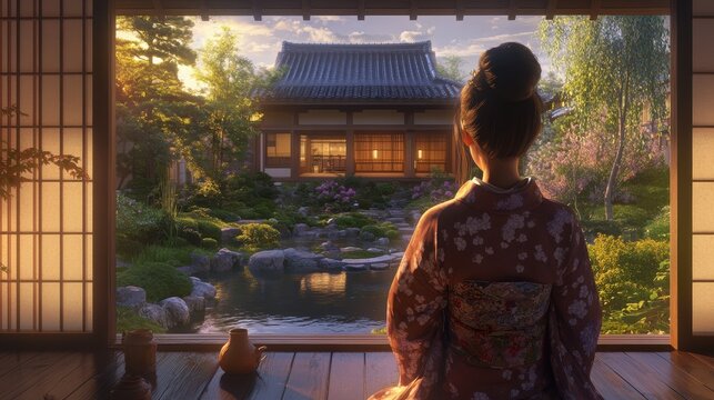 Happy japanese girl wearing kimono in autumn near temple,young girl walking in street japan,Image of Japanese tourism and travel hospitality concept.