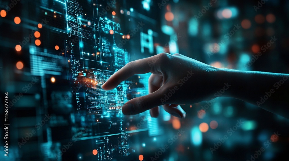 Poster Software engineer interacting with futuristic holographic interface displaying source code